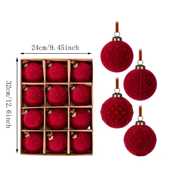 Velvet Christmas Ornaments Set, 12 Pcs 3.15in Red Embossed Baubles, Shatterproof Plastic Hanging Balls with Hanging Loops for Xmas Tree, Mantel, Party Display