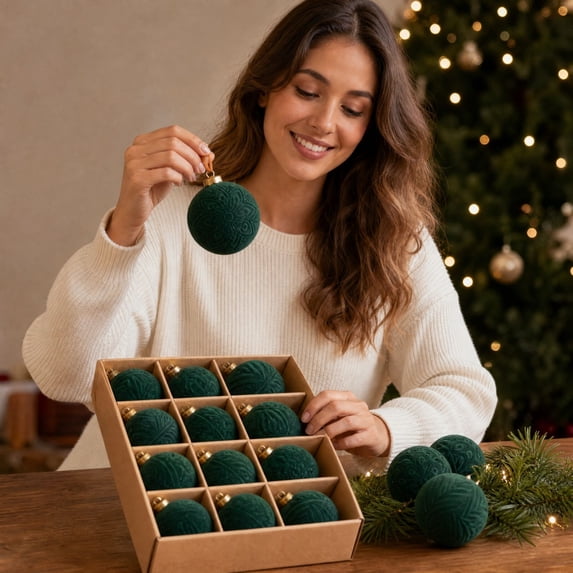 Velvet Christmas Ornaments Set, 12 Pcs 3.15in Sage Green Embossed Baubles, Shatterproof Plastic Hanging Balls with Hanging Loops for Xmas Tree, Mantel, Party Display