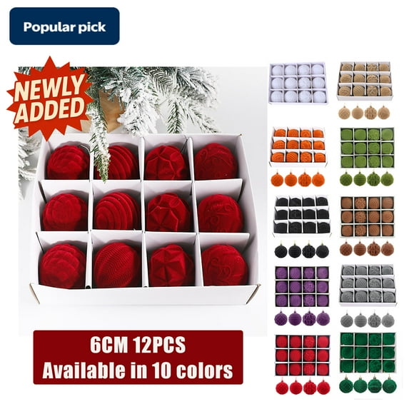 Velvet Christmas Ornaments Set,12pcs Flocked Velvet Balls,Christmas Tree Decoration,Vintage Velvet Christmas Balls|YISHFHP(6cm 12PCS)