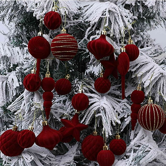 Velvet Christmas Ornaments Set, 24PCS Flocked Shatterproof Assorted Hanging Xmas Tree Ball Decorations, for Home Party Holiday Wedding Valentines Day Decor
