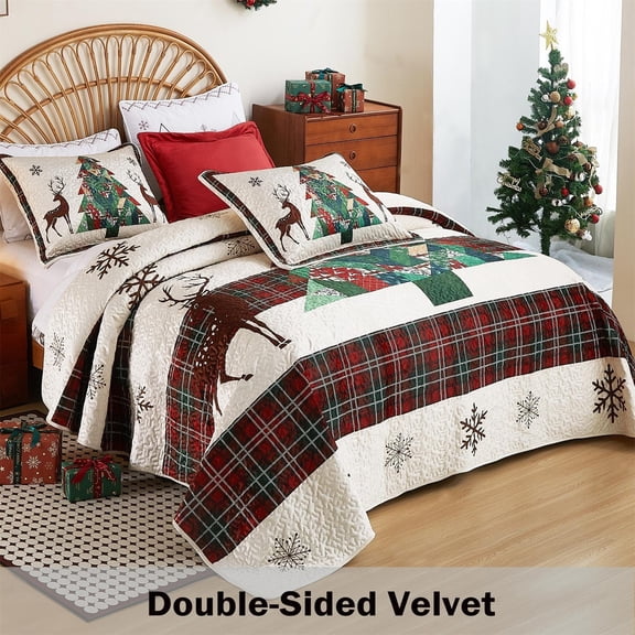 Velvet Christmas Quilt Queen Size-Cream Bedspread Comforter with Christmas Checkered Tree Pattern-Soft Lightweight Coverlet & Bedding Set-92"x96"