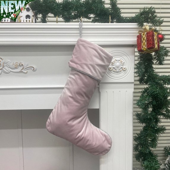 Velvet Christmas Stocking 15.75x7.87in,Large Rope Trim Holiday Hanging Ornament,Decorative Solid Color Sock for Xmas Tree Fireplace Home Seasonal Party Decoration (Pink)