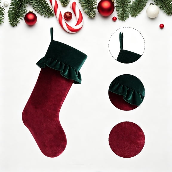 Velvet Christmas Stockings with Ruffled Cuff, Large Christmas Stocking for Fireplace Mantel Decor, Family Holiday Gift Bag(B-Wine)