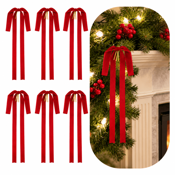 Velvet Christmas Swag Bows 23.5"x15.5" Large Rustic Bows for Staircase,Wreath,Tree Topper,and Christmas Decoration,Red,6 Pcs