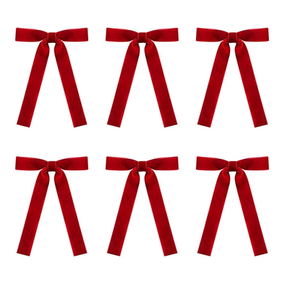 Red Set Of 6 Velvet Christmas Tree Bows For Wreath Decoration Cloth Material Festive Holiday Display
