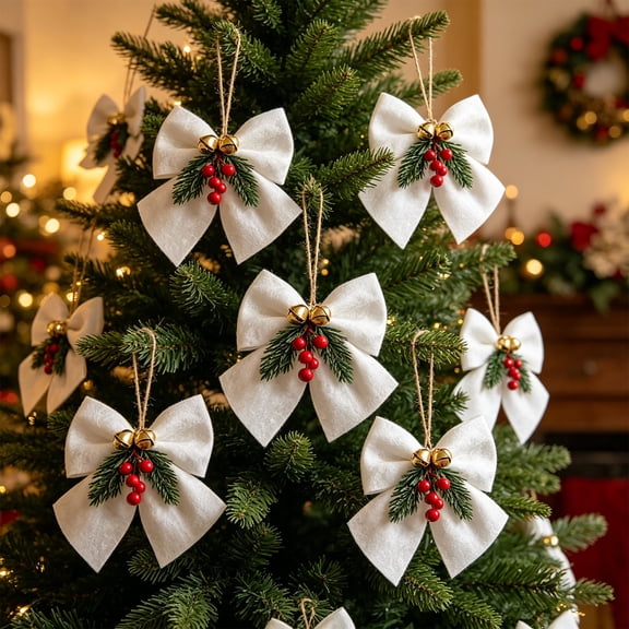 Velvet Christmas Tree Bow Pendant 8x6in Store Window Decor,White