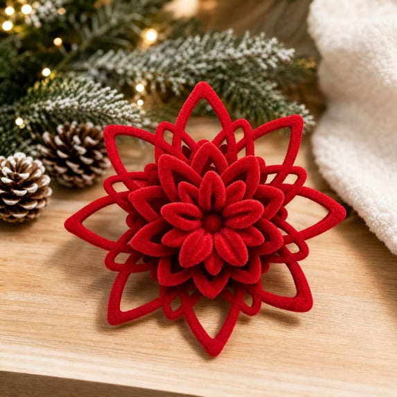 Velvet Christmas Tree Ornaments, Shatterproof Flocked Christmas Decorations, Burgundy Flower Shaped for Xmas Holiday Home Party Decor(C)