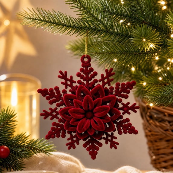 Velvet Christmas Tree Ornaments, Shatterproof Flocked Christmas Decorations, Burgundy Snowflakes Shaped for Xmas Holiday Home Party Decor(D)