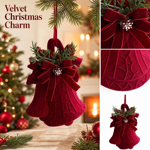 Velvet Christmas Tree Ornaments Treetop Star Bell and Finial Hanging ...