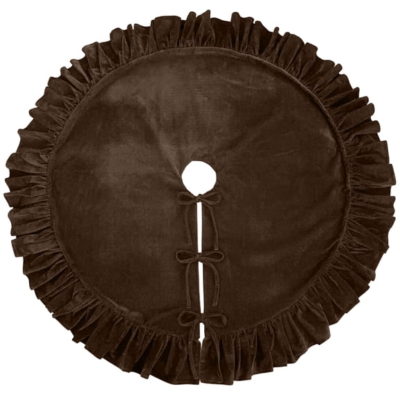 Velvet Christmas Tree Skirt 35.43 Inch, Brown Plush Round Tree Mat with Ruffled Edge and Bow Ties, Holiday Home Decor