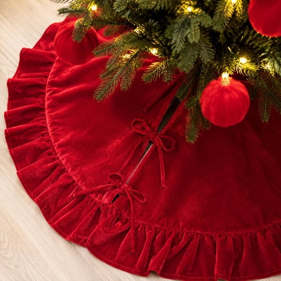 Velvet Christmas Tree Skirt with Ruffled Edge & 3 Bow Ties, 60-Inch Round Vintage Pleated Xmas Tree Mat Base Cover for Holiday Home Party Christmas Decorations