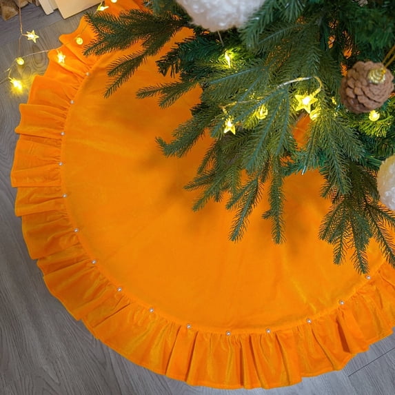 Velvet Christmas Tree Skirt with Ruffled Edge & Small Pearls, Rustic Vintage Large Xmas Tree Skirt Mat for Christmas Holiday Home Party Decorations (Orange,48 In)