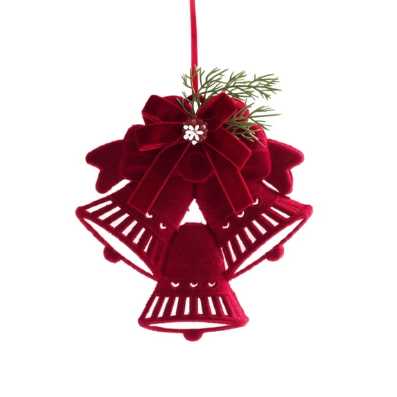 Velvet Christmas Tree Topper Featuring Dual Bells and Snowflake Accents, Elegant Red Bow Hanging Ornament for Holiday Table and Room Decor, Timeless Festive Tree Star for Cozy