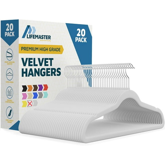 Lifemaster Velvet Clothes Hangers – With 360 Degree Swivel Hook & Non-Slip Shoulder Notch, Holds Up To 10 lbs, Heavy Duty Hanger Set, For Organizing Suit, Dress, Coat, & Clothes, Pack of 20, White