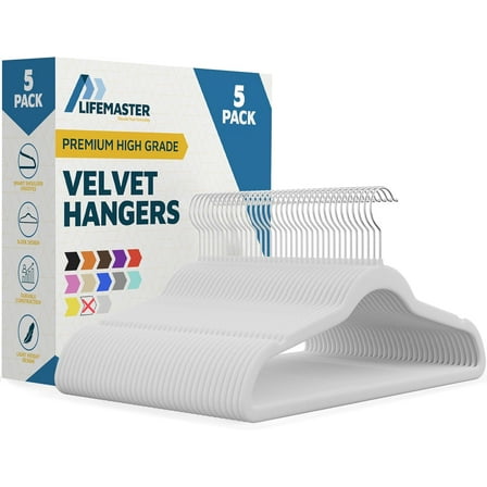 Lifemaster Velvet Clothes Hangers – With 360 Degree Swivel Hook and Non-Slip Shoulder Notch, Holds Up To 10 lbs, Heavy Duty Hanger Set, For Organizing Suit, Dress, Coat, and Clothes, Pack of 5, White