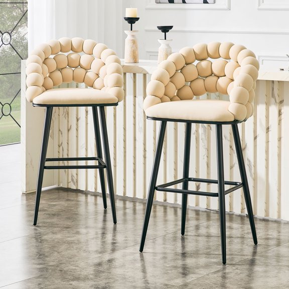 Velvet Cloud Bubble Back Bar Stools Set of 2 with Matte Black Metal Legs for Kitchen Island Home Bar,Beige