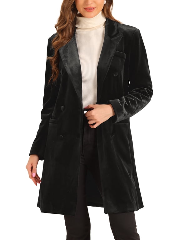Women's Velvet Coat Lapel Double-Breasted Long Outerwear Winter Coats M Black