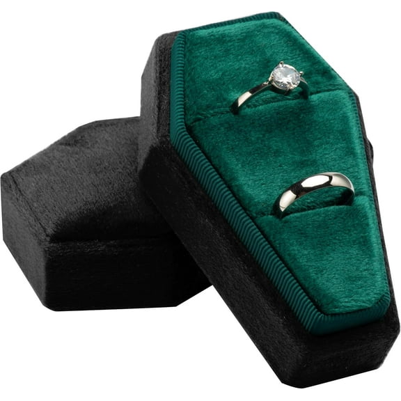 Velvet Coffin Ring Box Case Holder for Gothic Wedding Ceremony Jewelry Organizer Decorations (Black and Green)