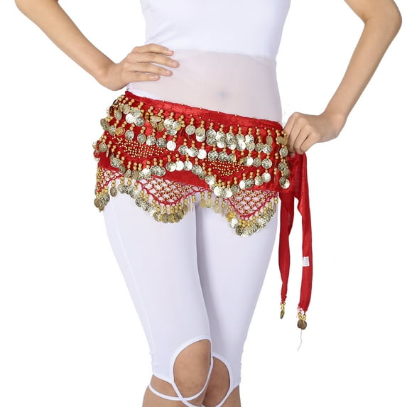 Velvet Coins Beaded Belly Dance Class Hip Scarf Belt Skirt Wrap Red/Gold