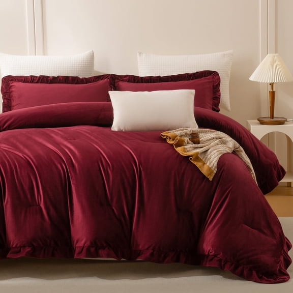 Burgundy Velvet Comforter Set Queen, Ruffled Fluffy Plush Bedding with Pillowcases, All-Season Cozy Luxury Bed Set for Women & Girls