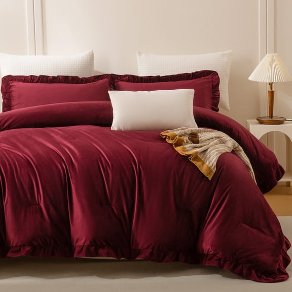 Burgundy Velvet Comforter Set Queen Size 3 Pieces Velvet Ruffled Comforter Set Luxury and Aesthetic Bedding Set with Brushed Microfiber Reverse for All Seasons 1 Comforter 2 Pillow Shams