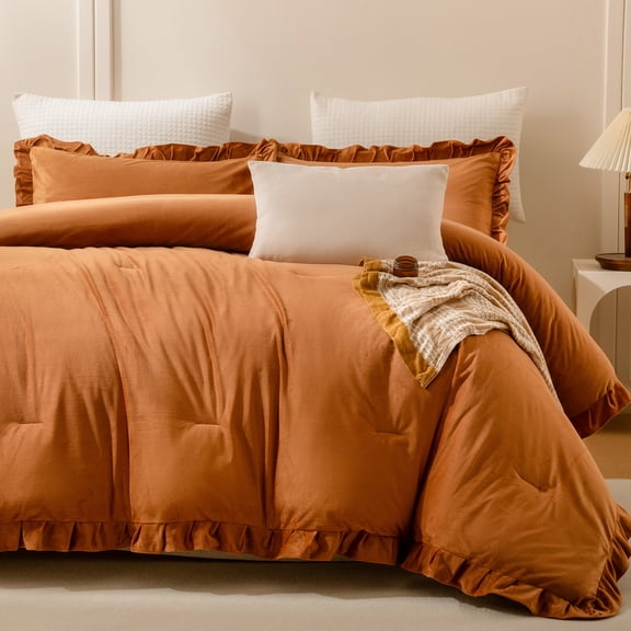 Caramel Velvet Comforter Set King Size 3 Pieces Burnt Orange Ruffled Comforter Set Boho Chic Aesthetic Bedding Set with Brushed Microfiber Reverse 1 Comforter 2 Pillow Shams