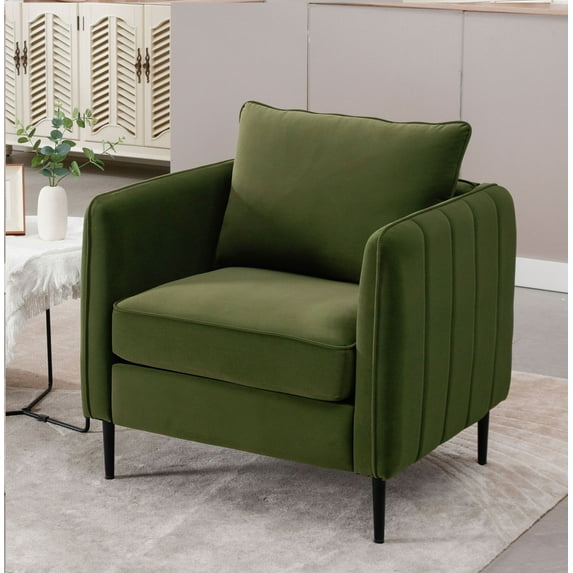 Velvet Comfy Single Sofa Chair in Mid-Century Modern Armchair with 1 Pillow and Metal Legs for Living Room Office