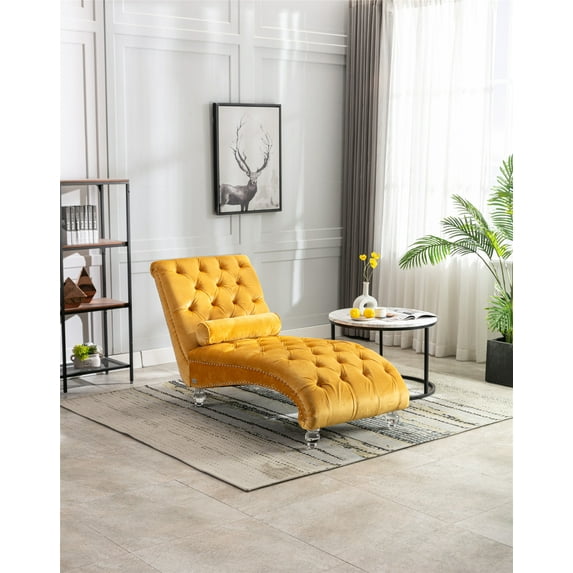 Velvet Concubine Sofa, Leisure Upholstered Sofa Chaise with Acrylic Feet, Comfortable Sleeper Chair for Bedroom, Living Room, Apartment, Easy Assemble, Mustard