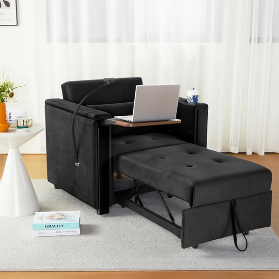 Velvet Convertible Chair Bed, 3 in 1 Multi-Functional Lounge Chair Sleeper, Pull Out Couch Guest Bed with Hidden Table and Adjustable Backrest for Living Room Small Space Apartment (Black)