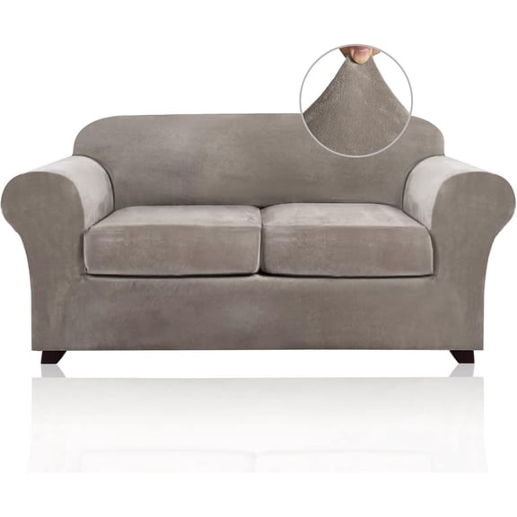 Velvet Couch Cover Loveseat Covers for 2 Cushion Couch 3 Piece Sofa Covers for Dogs Washable Loveseat Covers Width Up to 72 Inch No Slip Stretch Sofa Slipcover(Medium, Taupe)