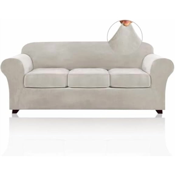 Velvet Couch Covers for Sofa Soft 4 Pieces Couch Covers for 3 Cushion Couch Sofa Pet Friendly Furniture Protector with Non Slip Elastic Bottom Width Up to 90 Inch(Large, Oatmeal)