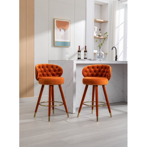 Velvet Counter Height Bar Stools Set of 2, Swivel Counter Height Bar Stools with Solid Wood Legs and Button Tufted Back, 360 Degree Bar Chairs for Kitchen Island Cafe Pub Dining Room, Orange