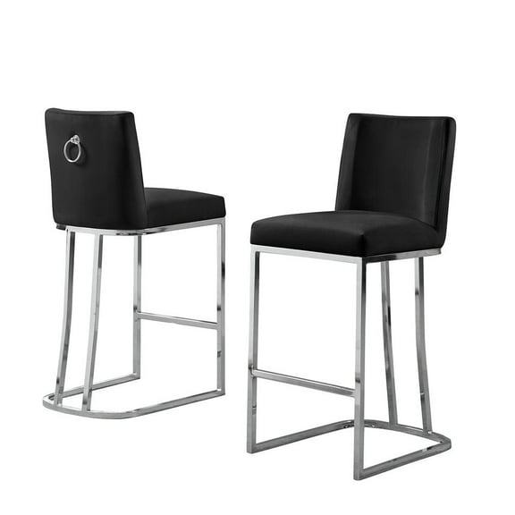 Velvet Counter Height Chairs in Black Velvet and Silver Chrome (Set of 2)