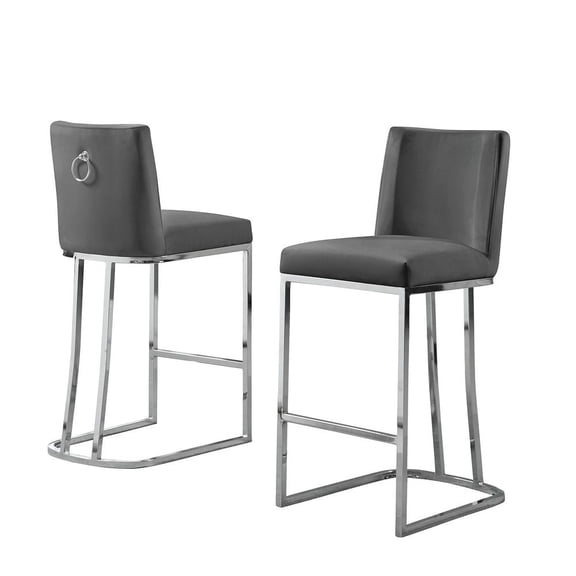 Velvet Counter Height Chairs in Dark Gray Velvet and Silver Chrome (Set of 2)