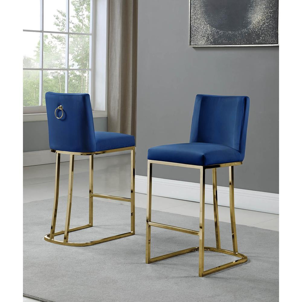 Navy Blue Velvet & Chrome Gold 38" Metal Counter Stool Set