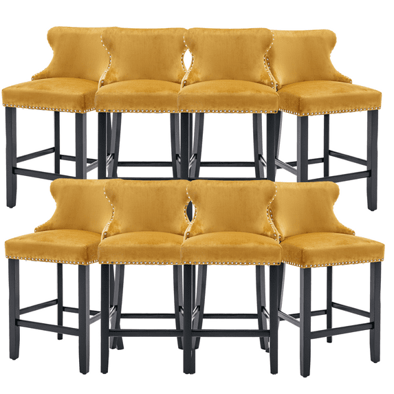 Velvet Counter Height Upholstered Barstools, Bar Stools Seat Height 27", Counter Height Armless Bar Chairs Button Tufted with Solid Wood Legs and Footrest for Kitchen Island Bar Area (Set of 8)