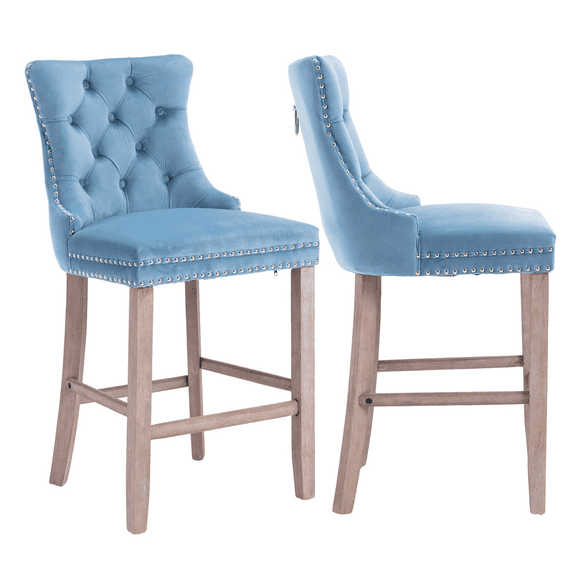 Velvet Counter Height Upholstered Barstools, Bar Stools Seat Height 27", Counter Height Armless Bar Chairs Button Tufted with Solid Wood Legs for Kitchen Island Bar Area (Set of 2)