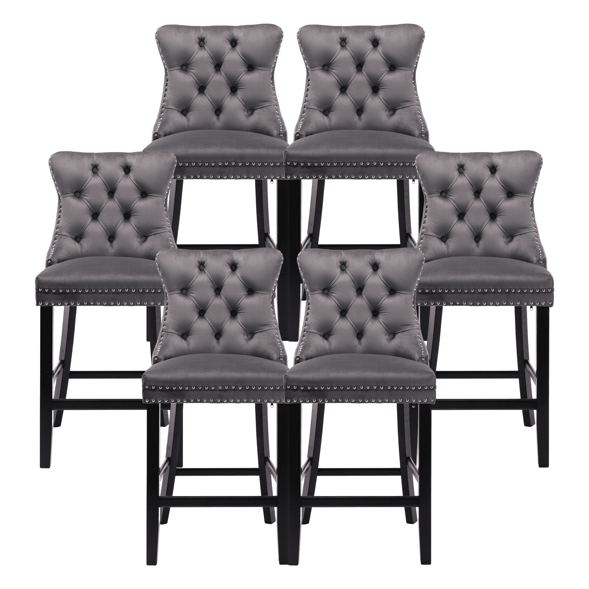 Rhomtree Velvet Barstools, Counter Height, Upholstered, Button Tufted, Wood Legs, Set of 6 ...