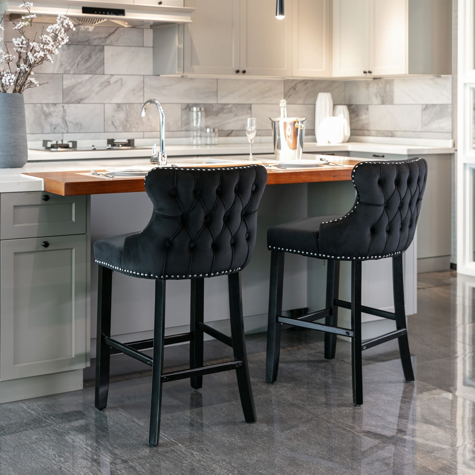 Velvet Counter Height Upholstered Barstools, Bar Stools Seat Height 27", Counter Height Armless Bar Chairs Button Tufted with Solid Wood Legs and Footrest for Kitchen Island Bar Area (Set of 6)