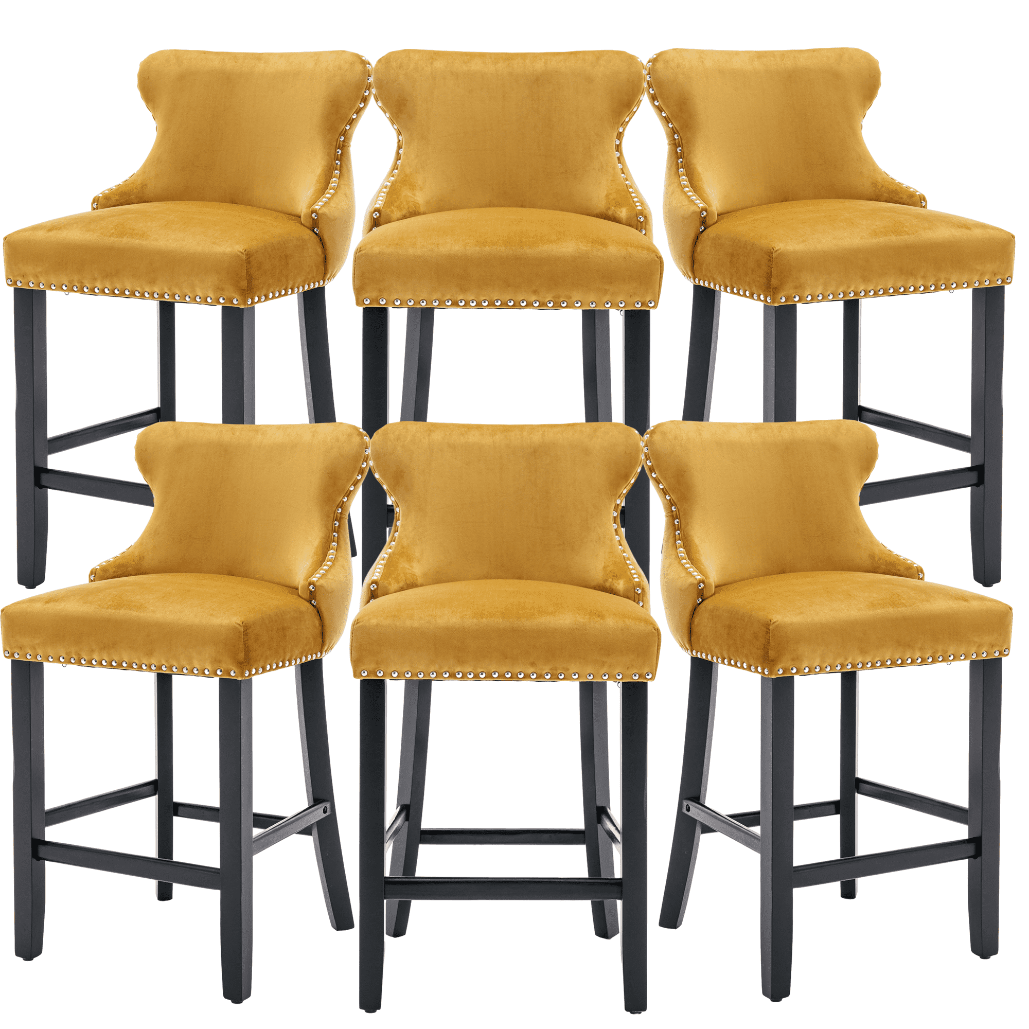Velvet Counter Height Upholstered Barstools, Bar Stools Seat Height 27", Counter Height Armless Bar Chairs Button Tufted with Solid Wood Legs and Footrest for Kitchen Island Bar Area (Set of 6)