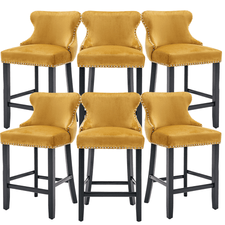 Velvet Counter Height Upholstered Barstools, Bar Stools Seat Height 27", Counter Height Armless Bar Chairs Button Tufted with Solid Wood Legs and Footrest for Kitchen Island Bar Area (Set of 6)