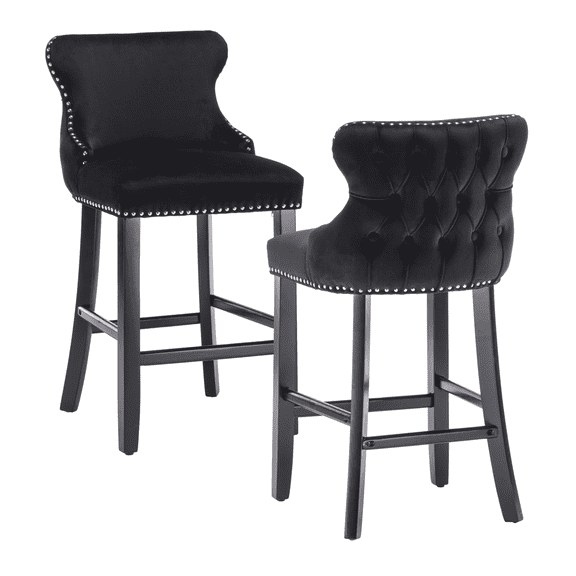 Velvet Counter Height Upholstered Barstools, Bar Stools Seat Height 27", Counter Height Armless Bar Chairs Button Tufted with Solid Wood Legs and Footrest for Kitchen Island Bar Area (Set of 2)