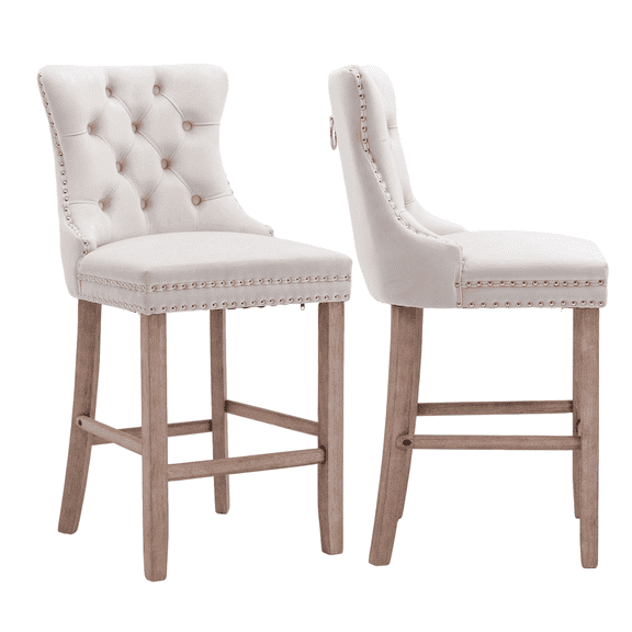 Velvet Counter Height Upholstered Barstools, Bar Stools Seat Height 27", Counter Height Armless Bar Chairs Button Tufted with Solid Wood Legs for Kitchen Island Bar Area (Set of 2)