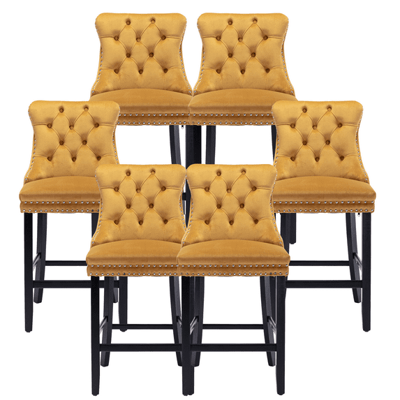Velvet Counter Height Upholstered Barstools, Bar Stools Seat Height 27", Counter Height Armless Bar Chairs Button Tufted with Solid Wood Legs for Kitchen Island Bar Area (Set of 6)