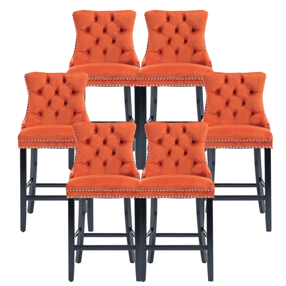 Velvet Counter Height Upholstered Barstools, Bar Stools Seat Height 27", Counter Height Armless Bar Chairs Button Tufted with Solid Wood Legs for Kitchen Island Bar Area (Set of 6)