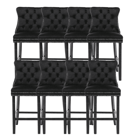 Velvet Counter Height Upholstered Barstools, Bar Stools Seat Height 27", Counter Height Armless Bar Chairs Button Tufted with Solid Wood Legs for Kitchen Island Bar Area (Set of 8)