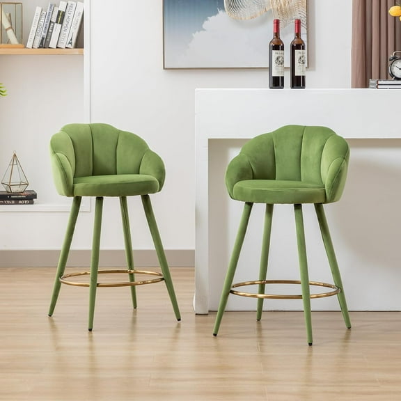 Velvet Counter Stools Set of 2 Modern 25.5" Counter Height Barstool with Petal Back & Gold Metal Ring Footrest  Upholstered Bar Chairs for Home Bar/Kitchen Island/Restaurant, Olive