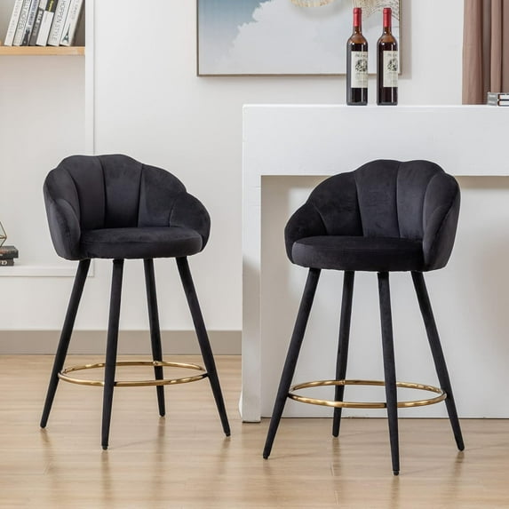 Velvet Counter Stools Set of 2 Modern 25.5" Counter Height Barstool with Petal Back & Gold Metal Ring Footrest Comfy Upholstered Bar Chairs for Home Bar/Kitchen Island/Restaurant, Black