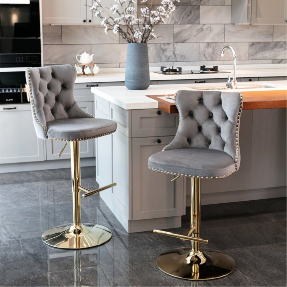 Velvet Covered - Swivel and Adjustable Height - Home Kitchen Island - Comfortable Backed Seats