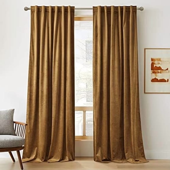 Velvet Curtains 108 inches, Soft Durable Drapes Room Darkening Privacy Window Treatment Farmhouse Decor for Living Room Sliding Glass Door, Golden Brown, W52 x L108 inches, Set of 2